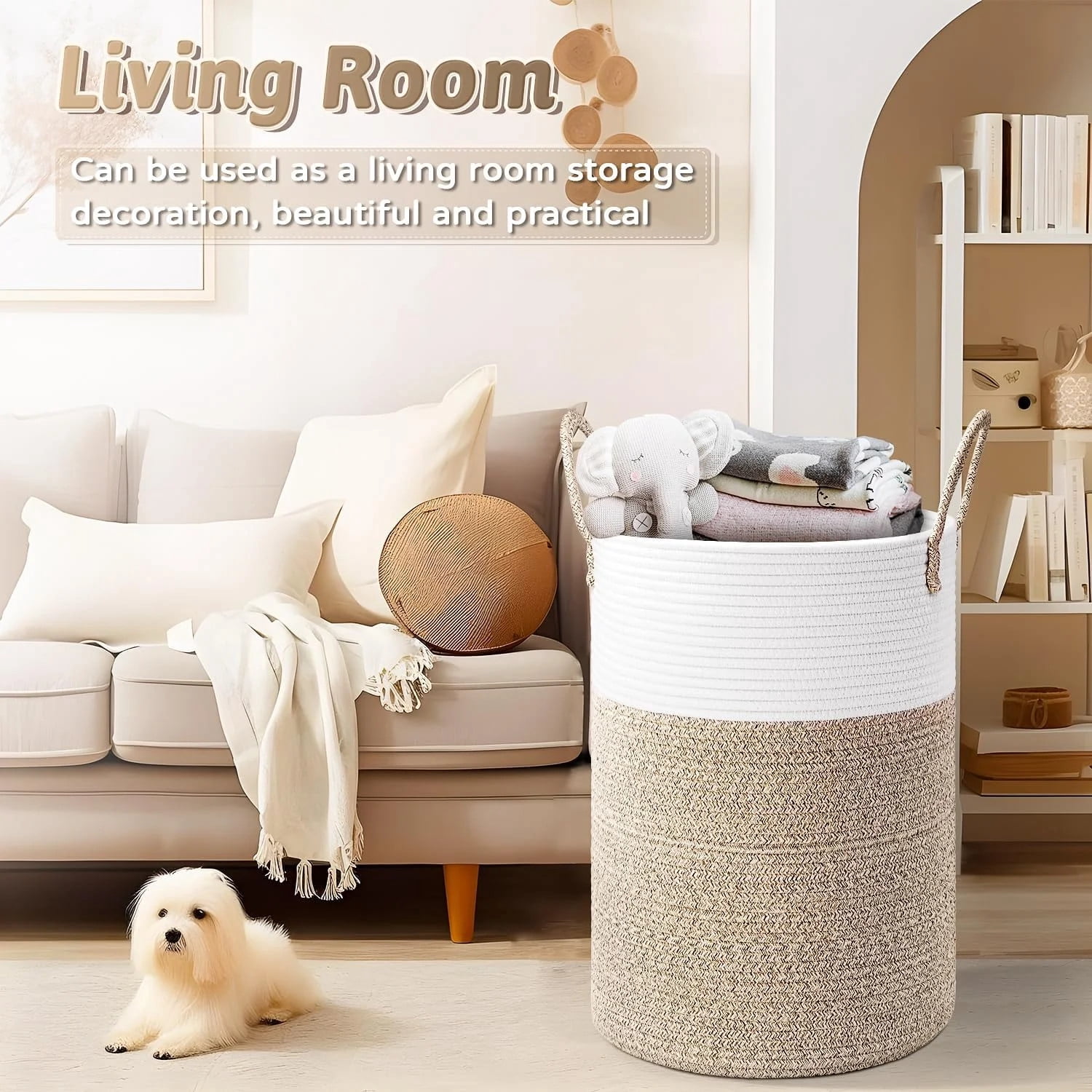 TEAFIRST 60L Laundry Hamper, Woven Cotton Rope Large Capacity Laundry Hamper Handles for Bathroom