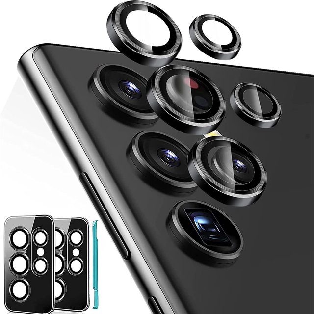 2pcs Camera Lens Protector Compatible Samsung Galaxy S22 Ultra, Hd Tempered Glass Metal Ring Camera Protector