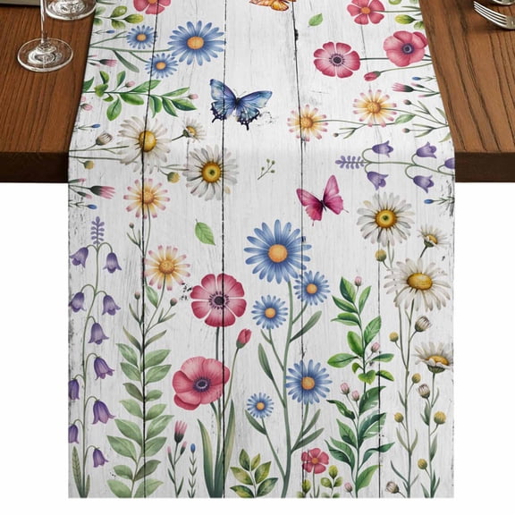 Table Runners 72 Inches Long Dress Scarves, Spring Floral Farmhouse Kitchen Table Runner, Coffee Tablerunners, Pink Blue Flowers Butterfly Wooden 14x72 Inch