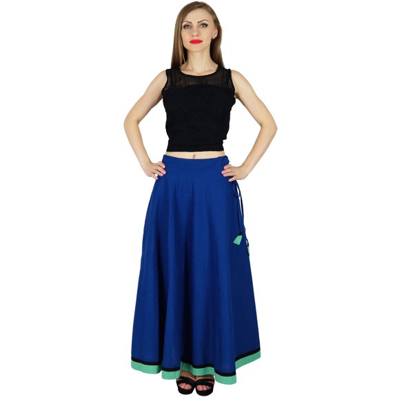 Bimba Women Long Maxi Cotton Skirt A-Line Flaired Skirts With Drawstring Waist