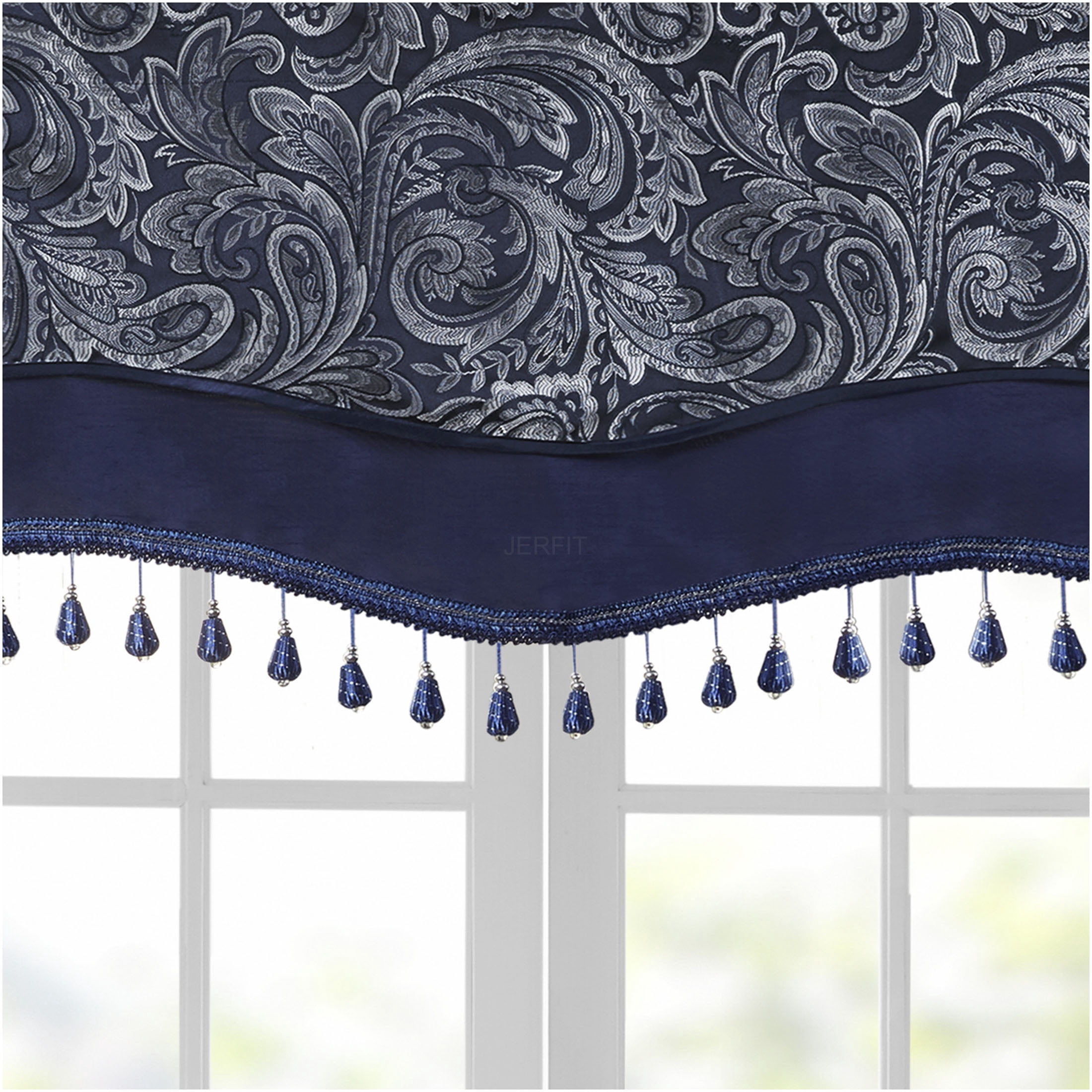 JERFIT Navy Blue Jacquard Valance with Beaded Trim, 50x18 Inch Paisley Window Curtain Valance for Rod Pocket, OEKO-TEX Certified Polyester