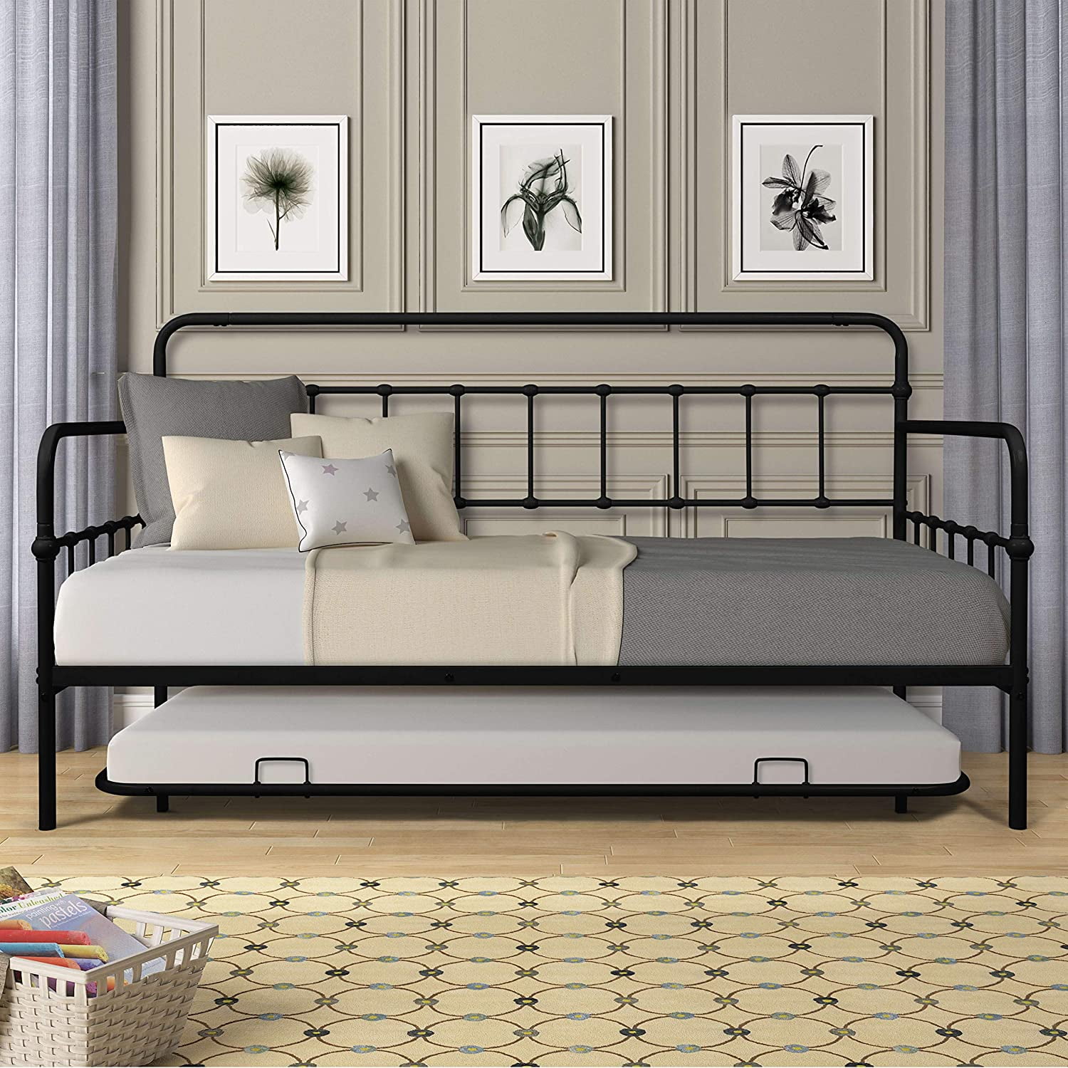 Twin Daybed with Trundle, Metal Twin Size Daybed with Heavy Duty Slats