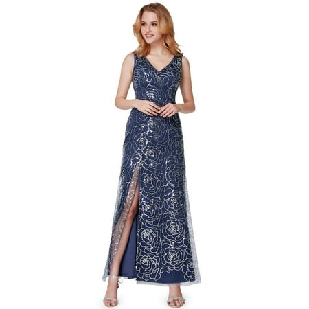 Formal Homecoming Dresses Ever-Pretty Women's Long Sparkling Sequined V-Neck Bridesmaid Evening Prom Homecoming Party Formal Maxi Dresses 07287 Navy Blue 4 US ()