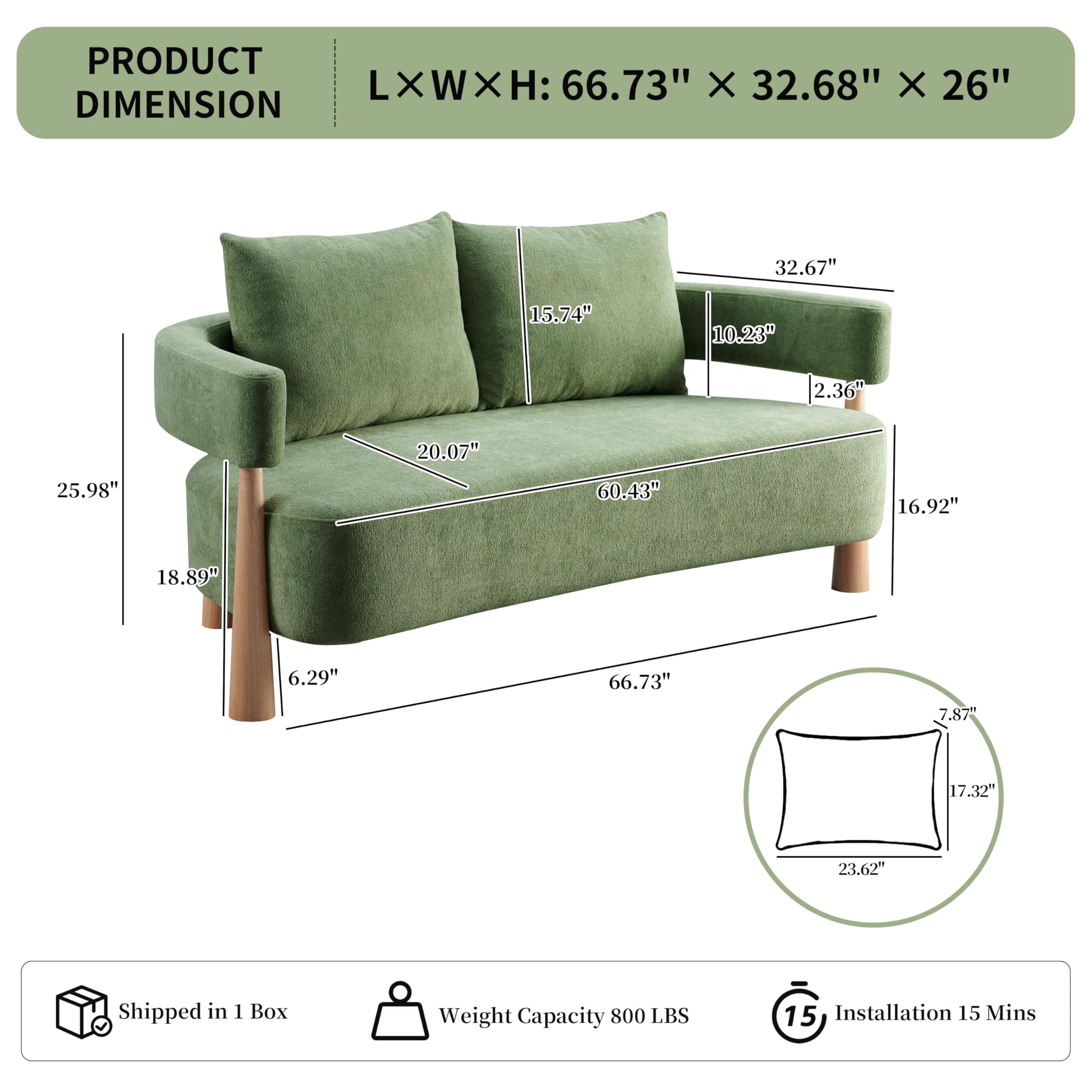 Loveseat Sofa with High-Resilience Cushions, Ergonomic Design with Arched Arms, Sturdy Hardwood Legs, Soft Velvet Upholstery, Includes Floor Protection Pads, Easy Assembly, Green