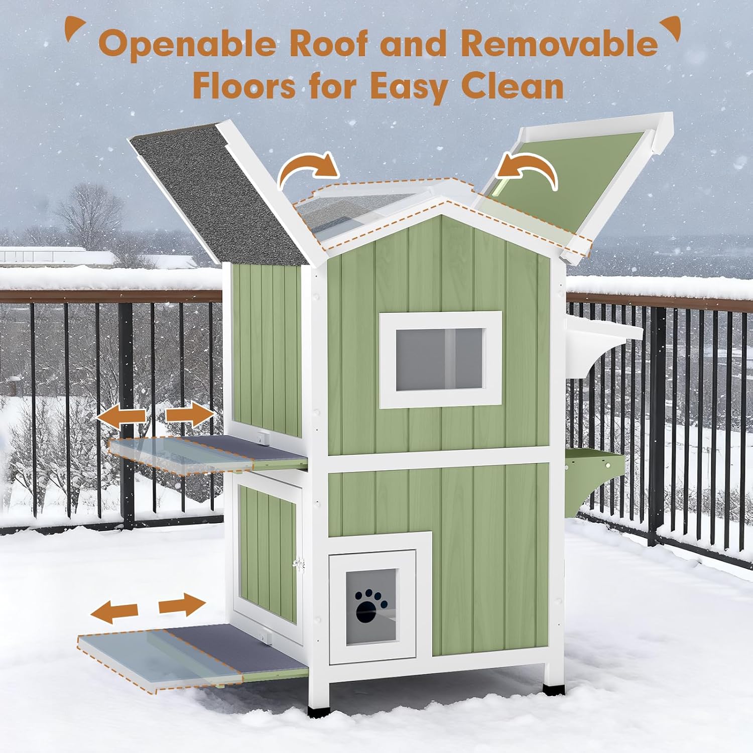 Gowoodhut 2 Story Insulated Outdoor Cat House with Insulated Liner Weatherproof Elevated Outside Cat Shelter,Green