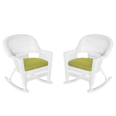 Jeco W00206R-B_2-FS029 White Rocker Wicker Chair With Sage Green Cushion- Set Of 2