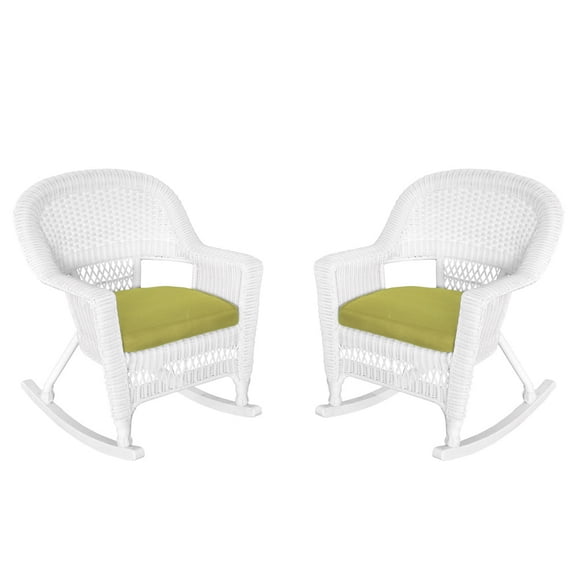 Jeco W00206R-B_2-FS029 White Rocker Wicker Chair With Sage Green Cushion- Set Of 2