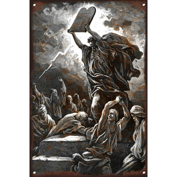 Vintage Tin Sign Gustave Dore Metal Sign Moses and The Ten Commandments Bible Story Metal Decor Wall Sign Wall Poster Wall Decor Door Plaque TIN Sign 8x12 Inches Gift