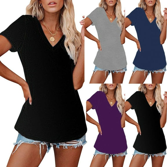 Womens Fashion Summer Tops 2025 Plus Size Casual V-neck Solid Short-sleeved T-shirt Top