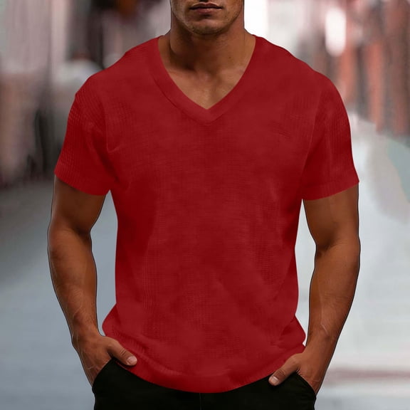 BRGZLK Men's V Neck T Shirts Summer Casual Loose Short Sleeve Tees Stylish Fitted Stretch Textured Loungewear Waffle Knit T-Shirt for Men Red 4XL