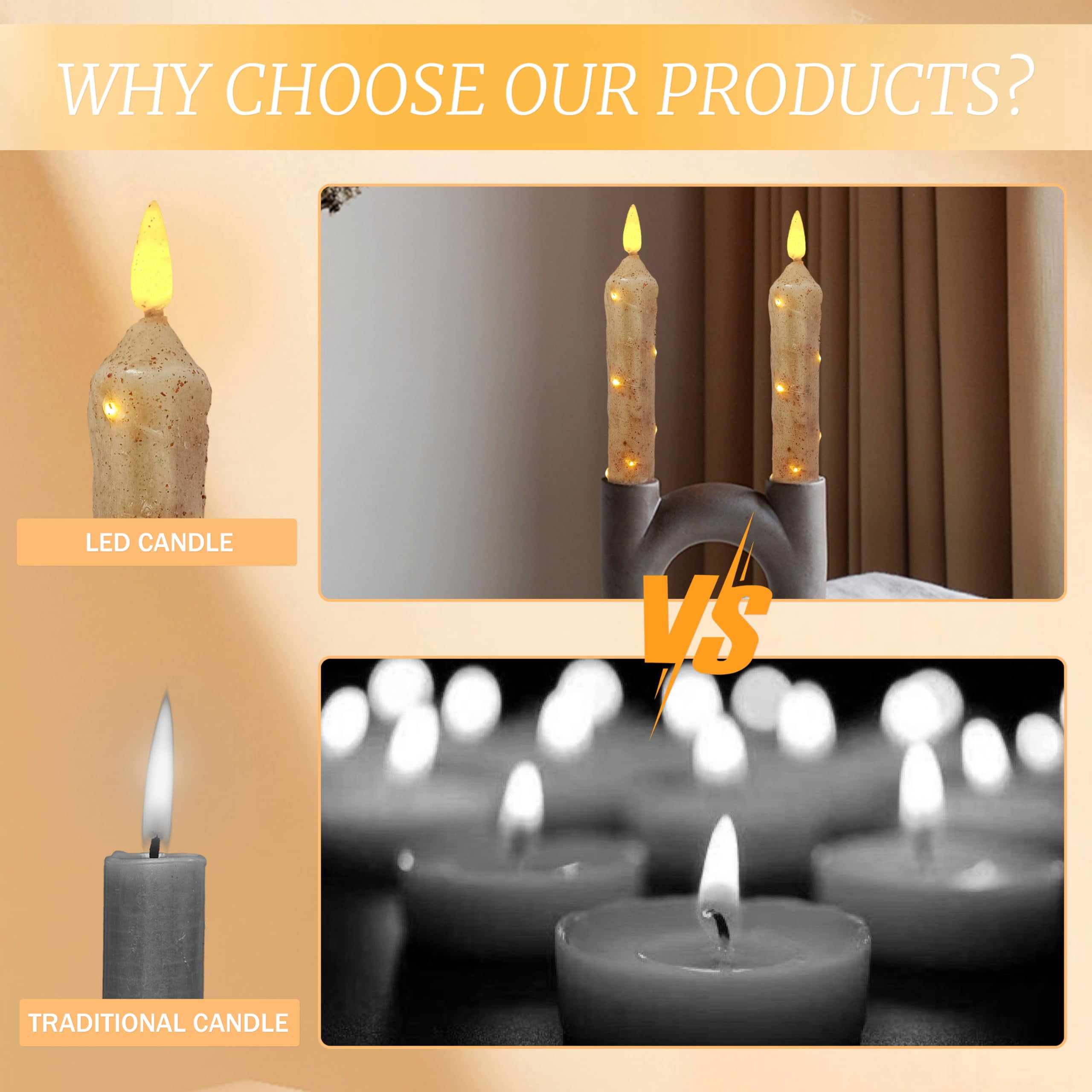 FCMSHAMD 6.5 Inches Primitive Real Wax LED Short Flameless Candles Hand Dipped Battery Operated Taper Candle with Timer Remote for Vintage Rustic Home Decor