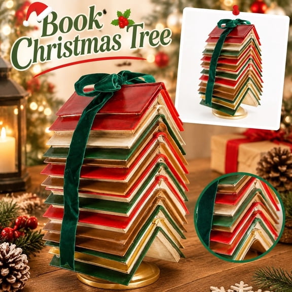 Stacked Book Christmas Tree with Ribbon, 9.84" Resin Book Stack Christmas Tree Figurine, Vintage Tabletop Christmas Decor for Mantel Shelf Table Centerpiece