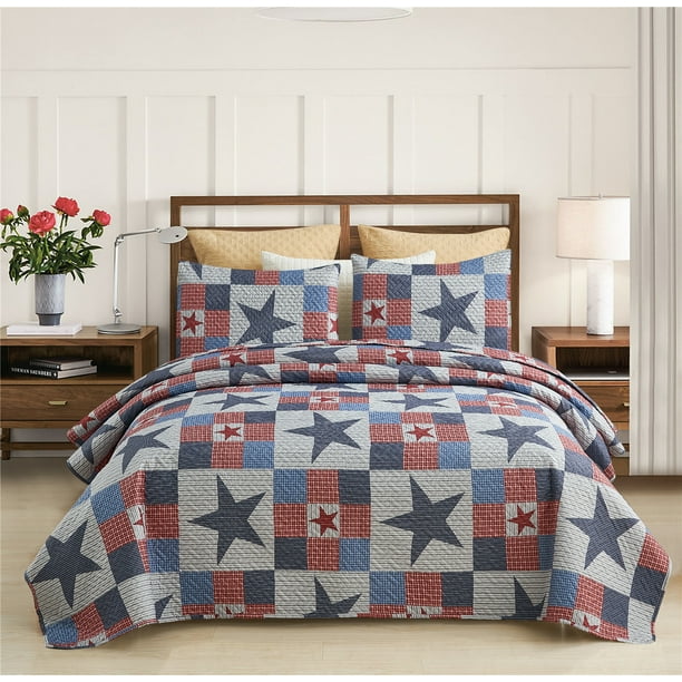 JML Quilt Set 3 Piece, Embossed Bedspread Bedding Set with 2 Shams, King,  Navy & Red Stars 