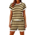 thumbnail image 3 of Sewkxo Two Piece Sets for Women Stripe Summer Crew Neck Lounge Short Sets Shorts Sleeve Drawstring Sweatsuit with Pocket,Coffee S, 3 of 5
