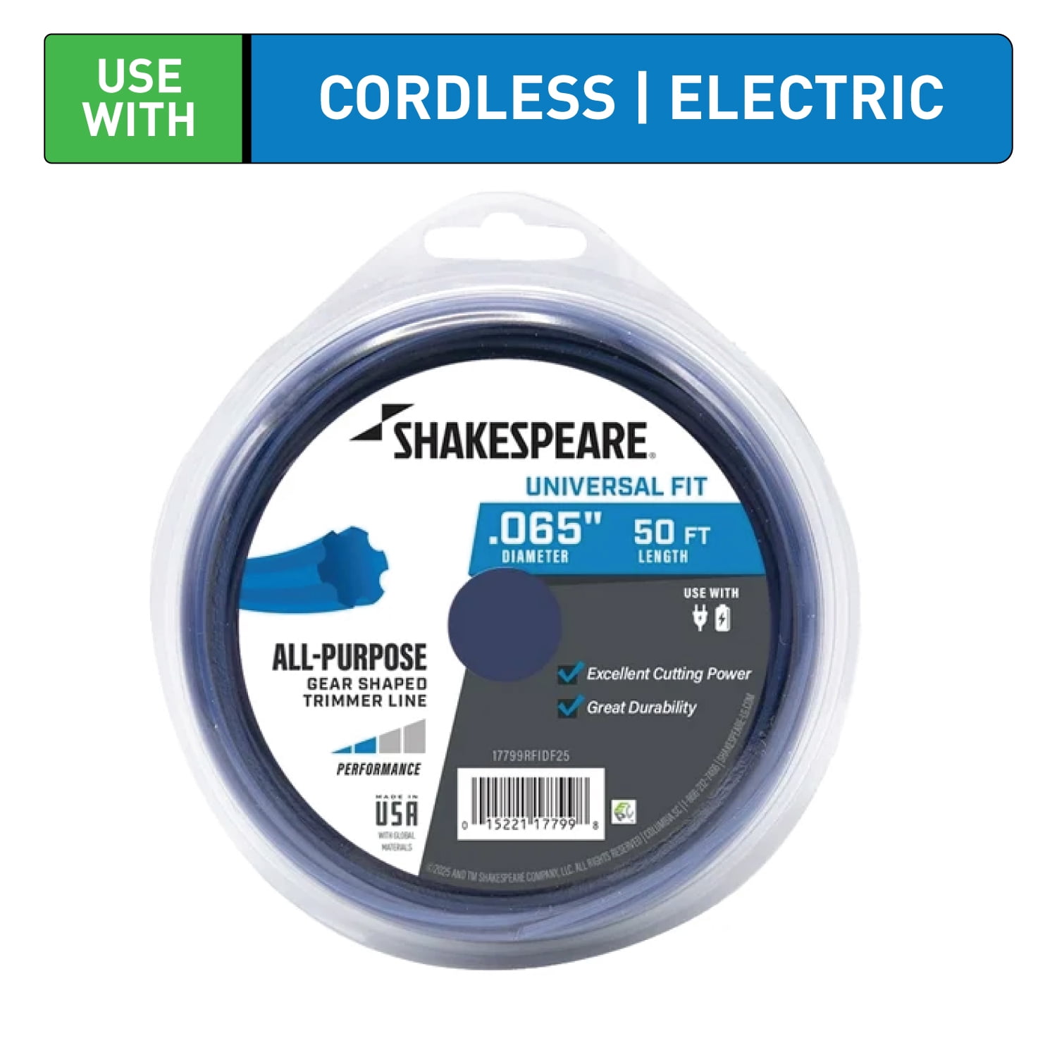 SHAKESPEARE 0.065" x 50' All Purpose Trimmer Line - Blue, Gear-Shaped (1 Count)