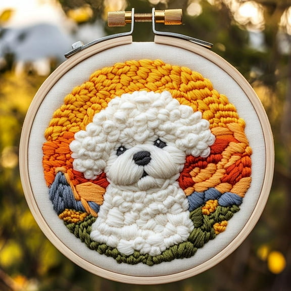 DIY Punch Needle Kits for Beginners Cute Bichon Frise Dog with Hoop Embroidery Punch Needle Starter Set Easy for Adults and Kids Festival Gift and Decor 20x20cm-4