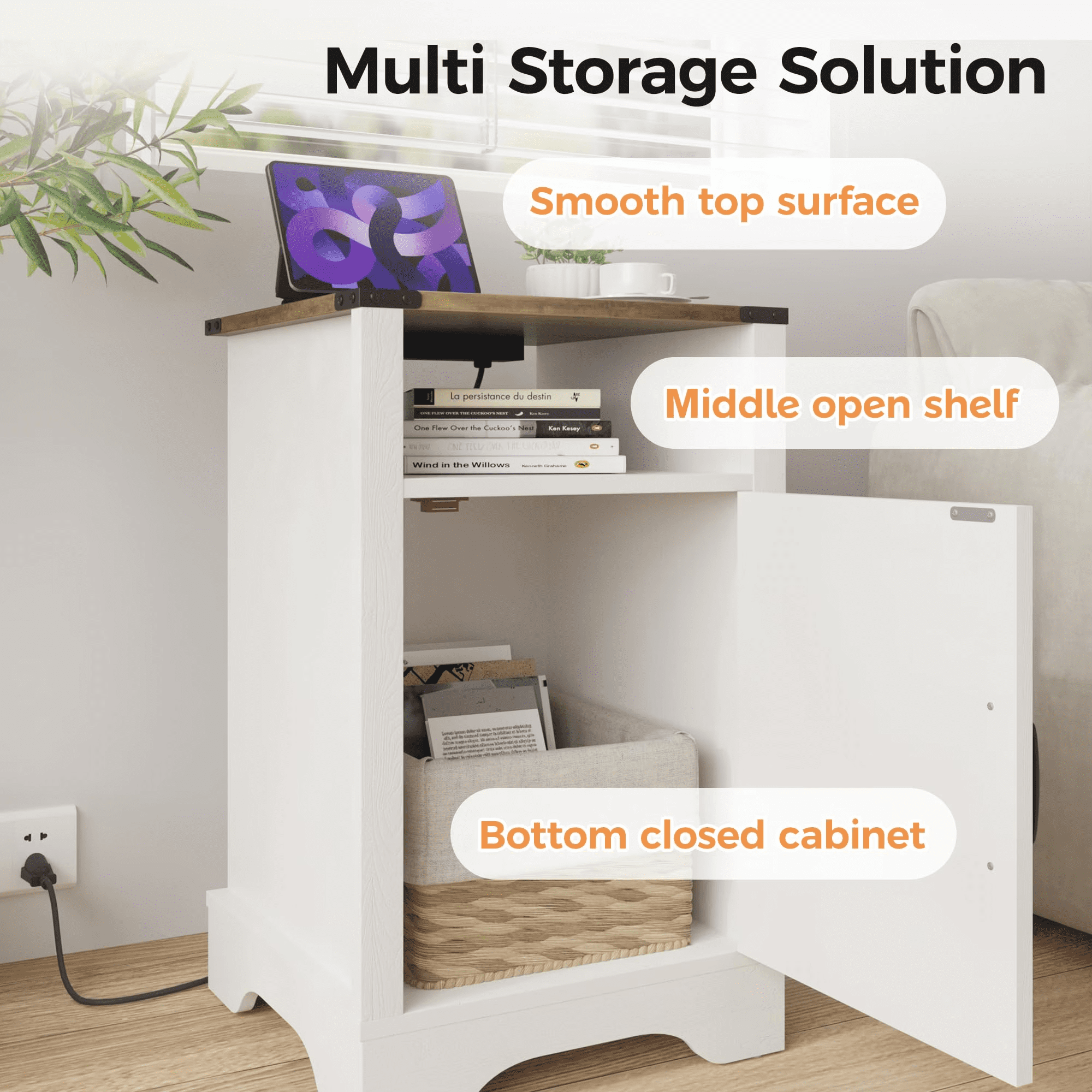 Farmhouse Nightstand with Charging Station, 2 USB Ports & 2 Power Outlets, Magnetic Cabinet Door Two-Tone Side Table with Cup Holder Open Shelf for Bedroom Entryway