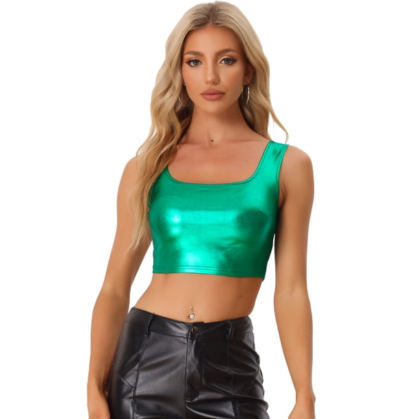 Disfraz de navidad Chaleco Con Cuello En U Para Mujer, Sin Mangas, Para Fiesta, Clubwear, Camiseta Corta Metálica Brillante Verde XS
