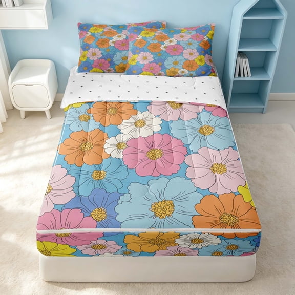 Erosebridal Kawaii Blossom Zipper Queen Comforter Set with Fitted Sheet and 2 Pillowcases, Groovy Flower Zipper Bedding Set, Reversible, Sky Blue Floral, Reversible