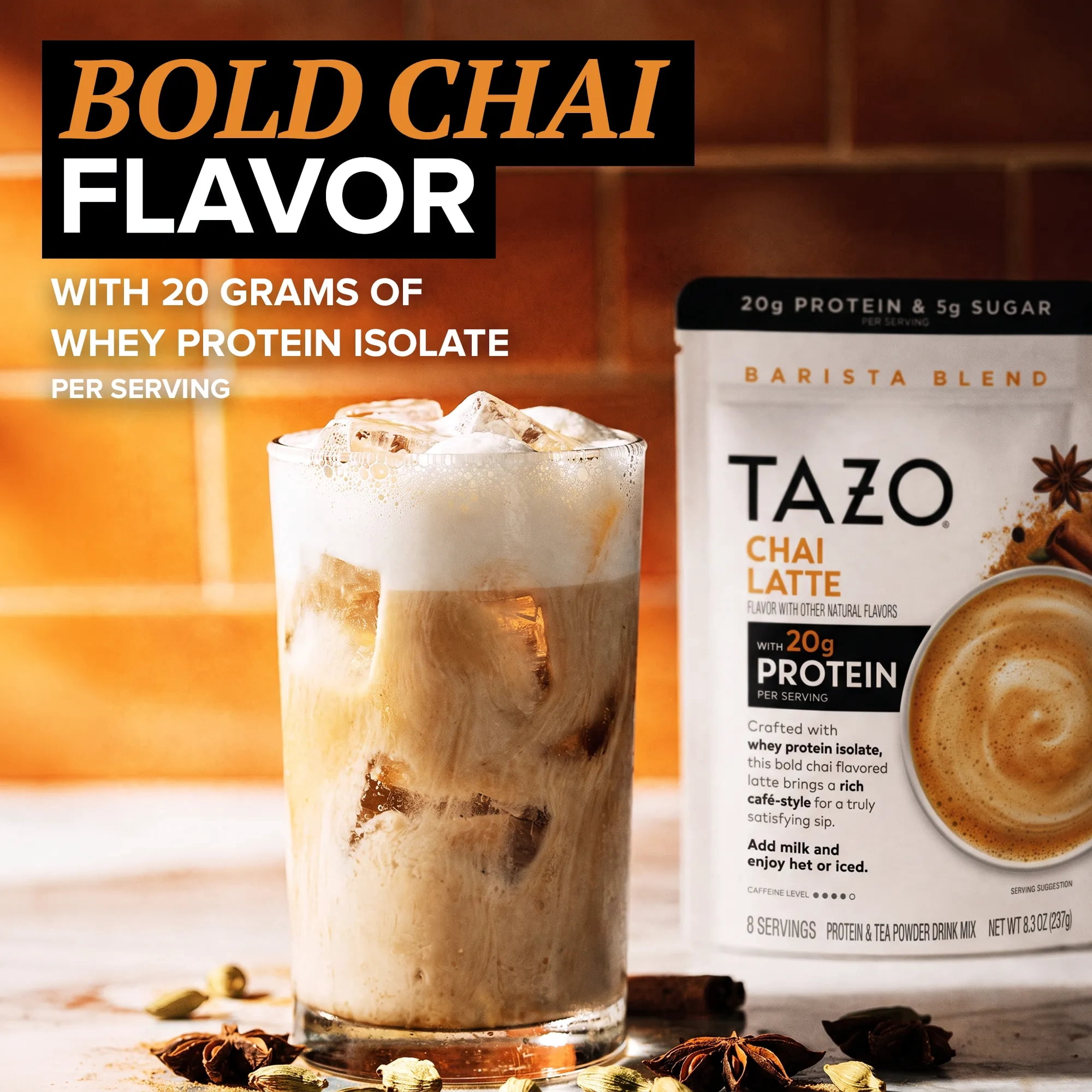 TAZO Protein Classic Chai Latte Powder, with Whey Protein Isolate, 8 Servings, 8.3oz (1 Pouch)