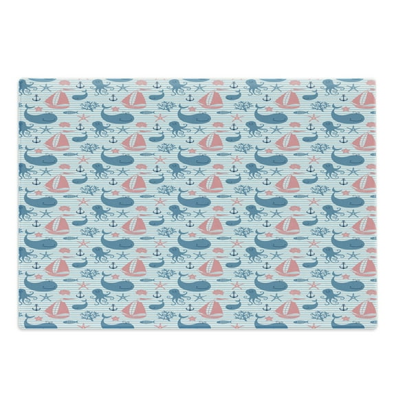 Octopus Ship Cutting Board, Whales Sailing Starfish Anchor Sea Shell on Nautical Happy Nursery, Decorative Tempered Glass Cutting and Serving Board, in 3 Sizes, by Ambesonne