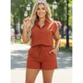 thumbnail image 3 of Women's 2 Piece Outfits Summer Sleeveless Stand Collar Shirt Tops Shorts Set, Resort Beach Lounge Casual Set, Office Women, 3 of 9