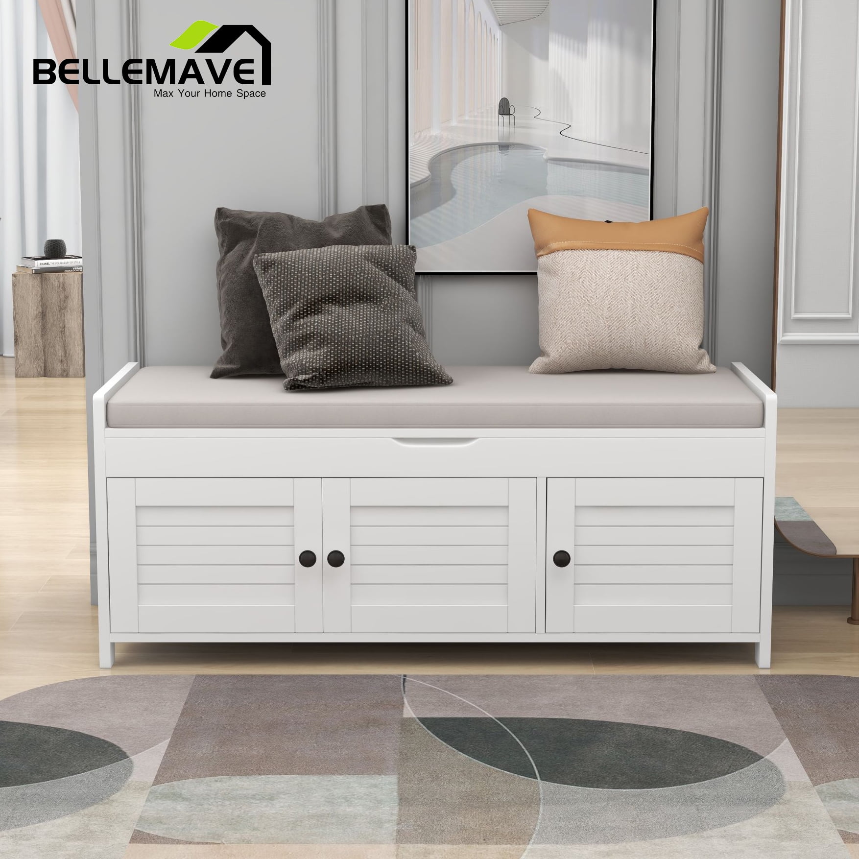 Bellemave White Wood Storage Bench with 3 Shuttershaped Doors