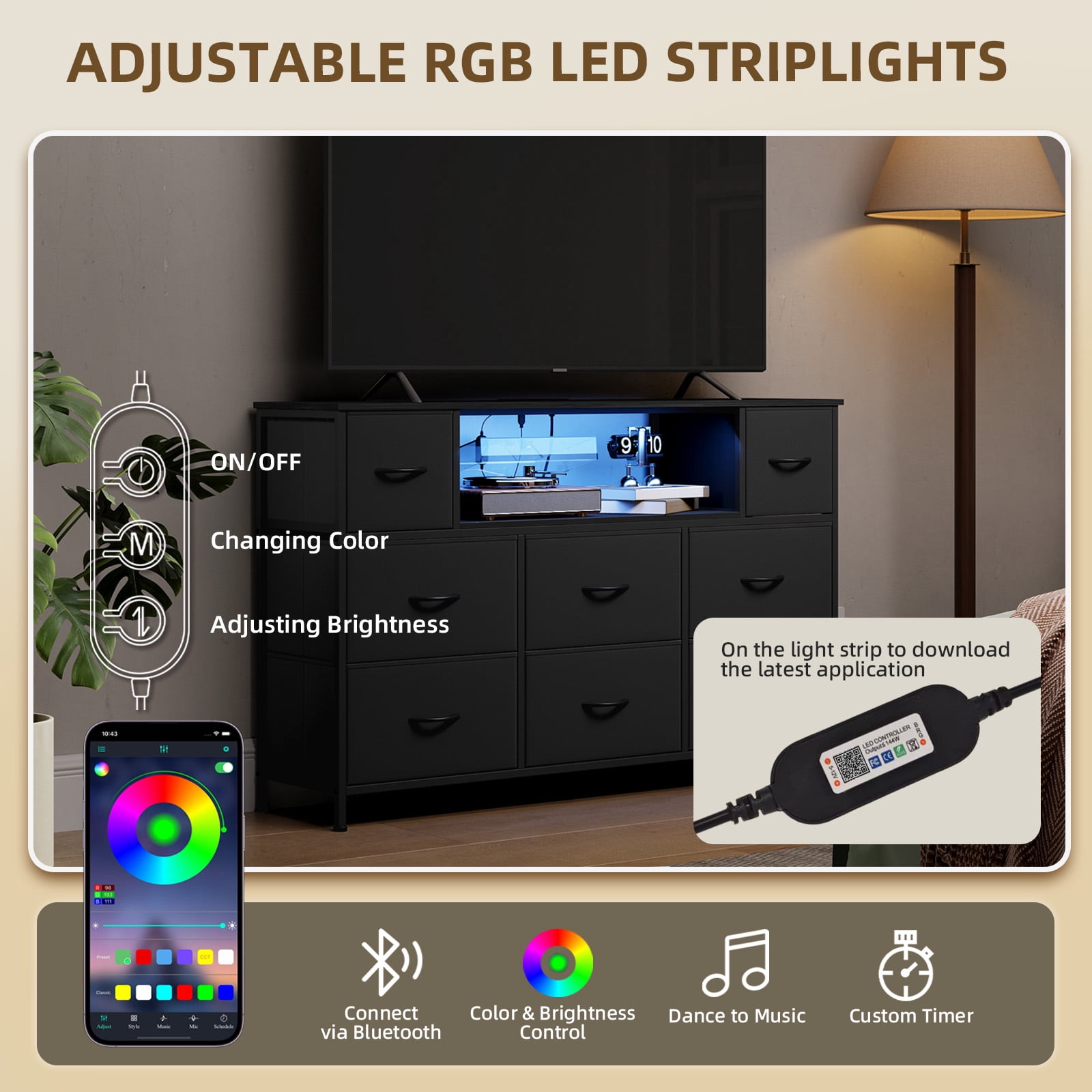 Eunos Black Tv Stands for 65" Tv with 8 Drawers, LED & Power Outlets for Bedroom, Living Room
