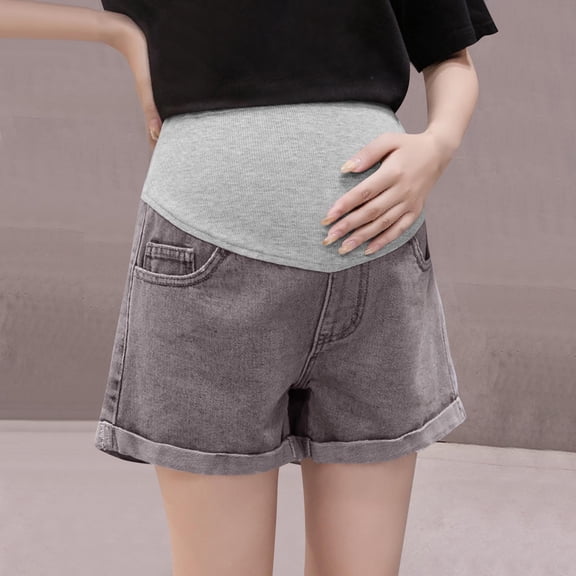 Maternity Denim Shorts for Women Over Belly Pregnancy Summer High Waist Cuffed Hem Casual Jean Shorts with Pockets Dark Gray XL