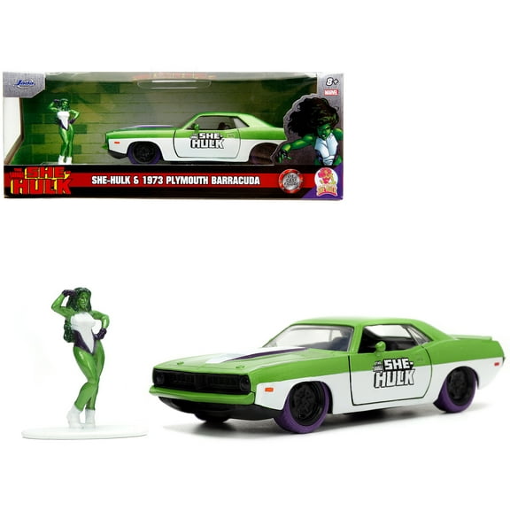 1973 Plymouth Barracuda Green Metallic and White and She-Hulk Diecast Figure "The Savage She-Hulk" "Hollywood Rides" Series 1/32 Diecast Model Car by Jada