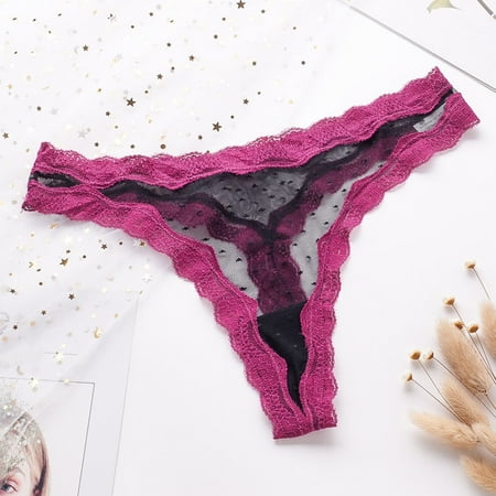 

Summer Women Lace Thong Sheer Mesh Paneling Contrast Color Wavy Edge Plus Size Panties