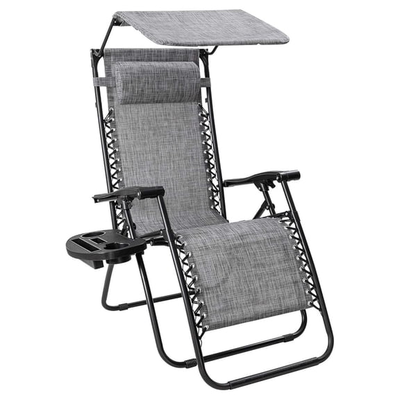 Outdoor Lounge Chair with Canopy - Folding Patio Recliner - Adjustable Lawn Chair with Pillow for Poolside, Yard & Camping (Grey)