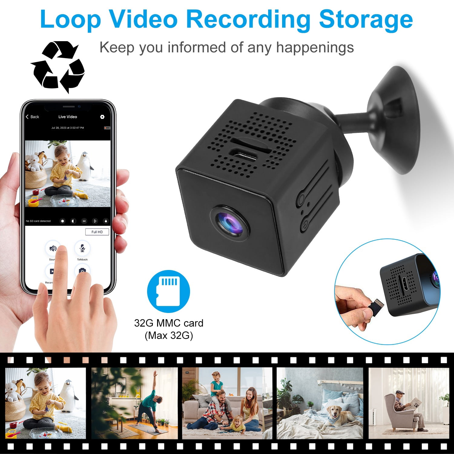 Mini Security Camera, TeqHome Compact Camera 2.4G WiFi 1080p HD Video Night Vision PIR Motion Detection Works with App Control–for Pet Baby Monitor Black
