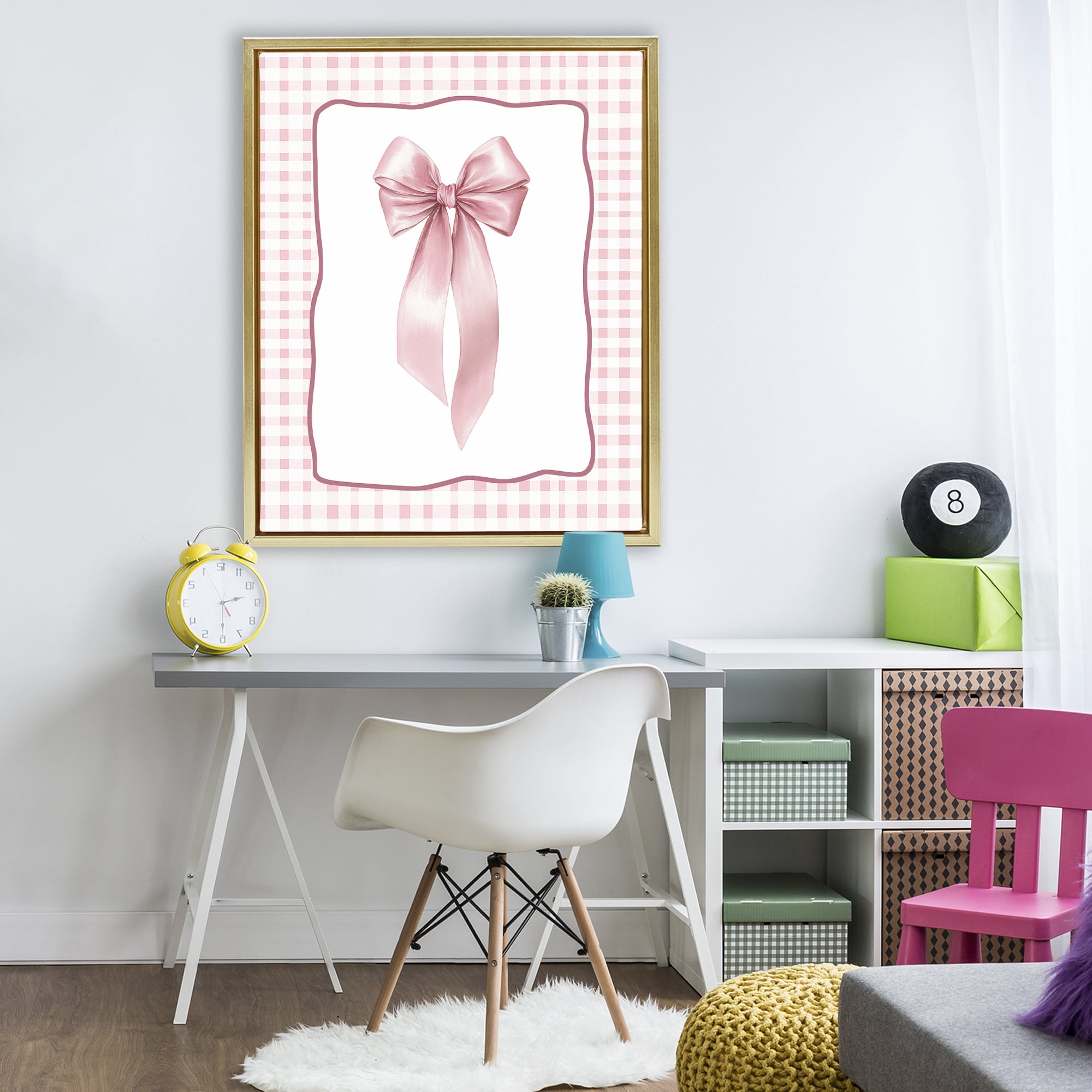 Stupell Industries Pink Gingham Ribbon Gold Framed Floater Canvas Wall Art, design by Christine Simpson Art
