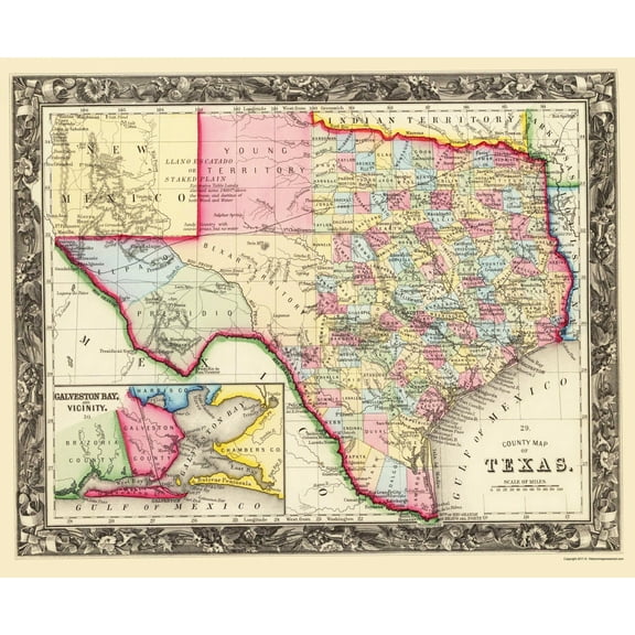 Historic State Map - Texas - Mitchell 1860 - Vintage Wall Art