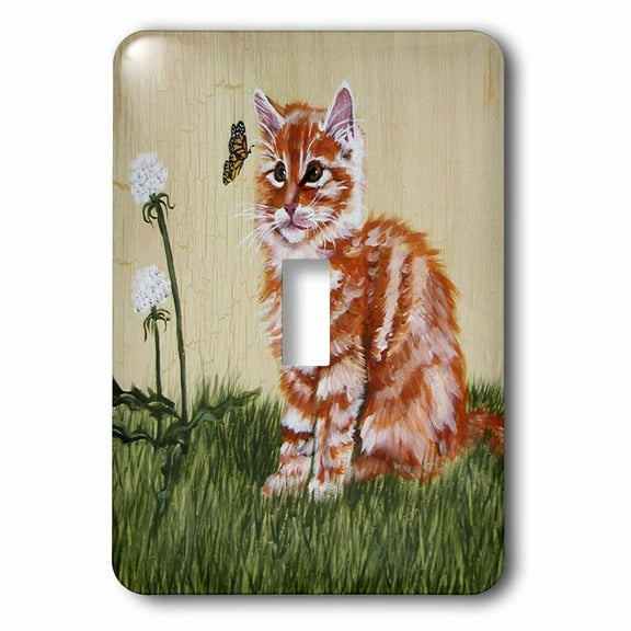 3dRose, Orange and White Striped Tabby Kitten Staring at Butterfly with yellow Crackled Background, single toggle switch