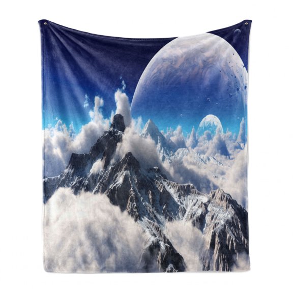 Fantasy Soft Flannel Fleece Throw Blanket, Celestial View of Snow Capped Mountains and Alien Planet Print, Cozy Plush for Indoor and Outdoor Use, 50" x 70", White and Navy Blue, by Ambesonne
