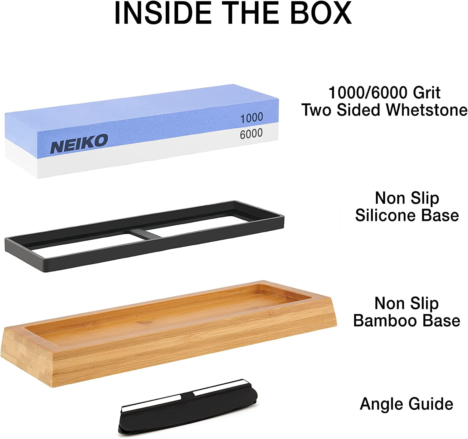 NEIKO 54002A Whetstone 1000/6000, Wet Stone Sharpening Kit, 2Sided, Highly Durable Corundum Water Stone, Angle Guide, NonSlip Bamboo Base, Knife Sharpening Stone for Knives, Whetstone Knife Sharpener