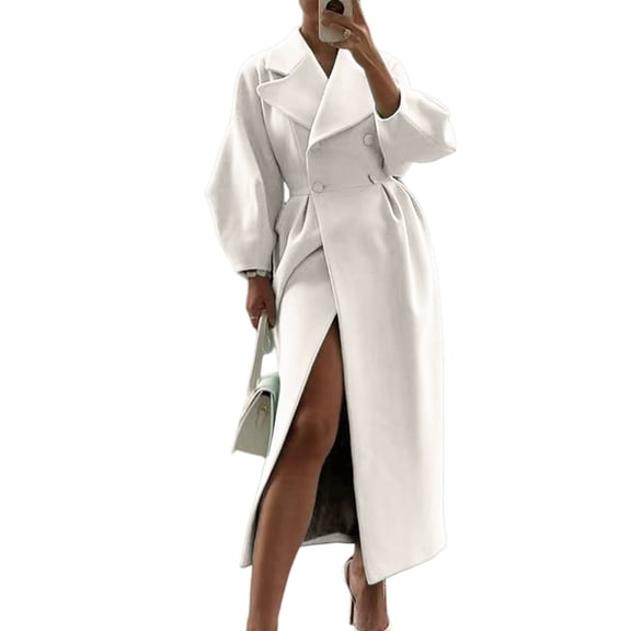 Yokua Women's double-breasted long pea coat with lapel, lantern sleeves, extra-long trench coat, autumn and winter wool blend outerwear