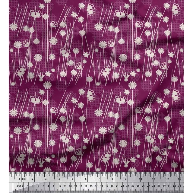 Soimoi polyester Crepe Fabric Geometrical Check & Aster Floral Print Fabric by the Yard 42 Inch Wide