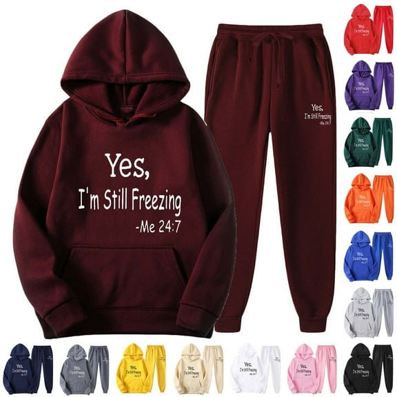 VBTAPA Mens Hoodie Sweatsuit 2 Piece Casual Tracksuit Yes I'm Still Freezing Letter Graphic Hooded Sweatshirt and Drawstring Sweatpants Set Jogging Sport Suit Wine S