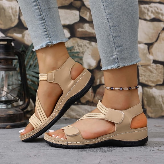HTHLVMD Adjustable Strap Wedge Sandals for Women, 2026 Summer Orthopedic Sandal Diabetic Walking, Women's Summer Fisherman Sandals, Adjustable Ankle Strap Open-Toe, Beige 5.5