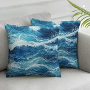 Ocean Themed Throw Pillow Covers Set, Square Watercolor Waves Printed Pattern Decorative Cushion Cover, for Sofa Couch Home Farmhouse Decor Cushion Case