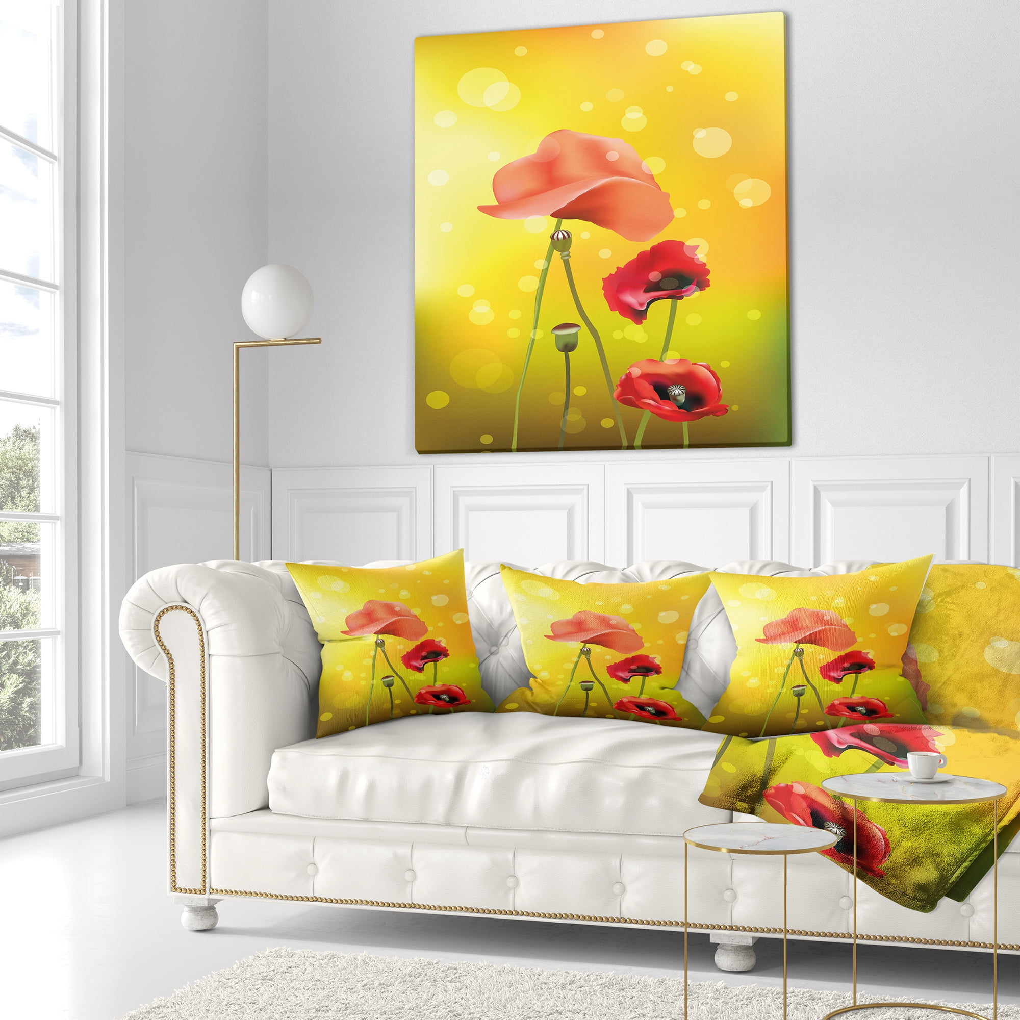 Designart Red Flowers on Yellow Background - Floral Throw Pillow - 16x16