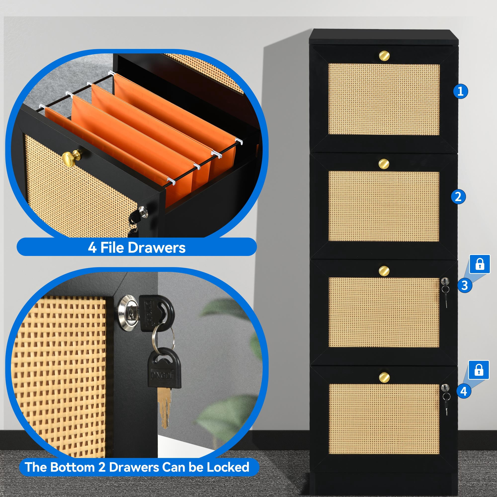 Dextrus Rattan 4-Drawer Wood File Cabinet with Lock,15.82" Deep Vertical Filing Cabinet for Letter A4-Sized Files, Chest Organizer Office Storage, Black