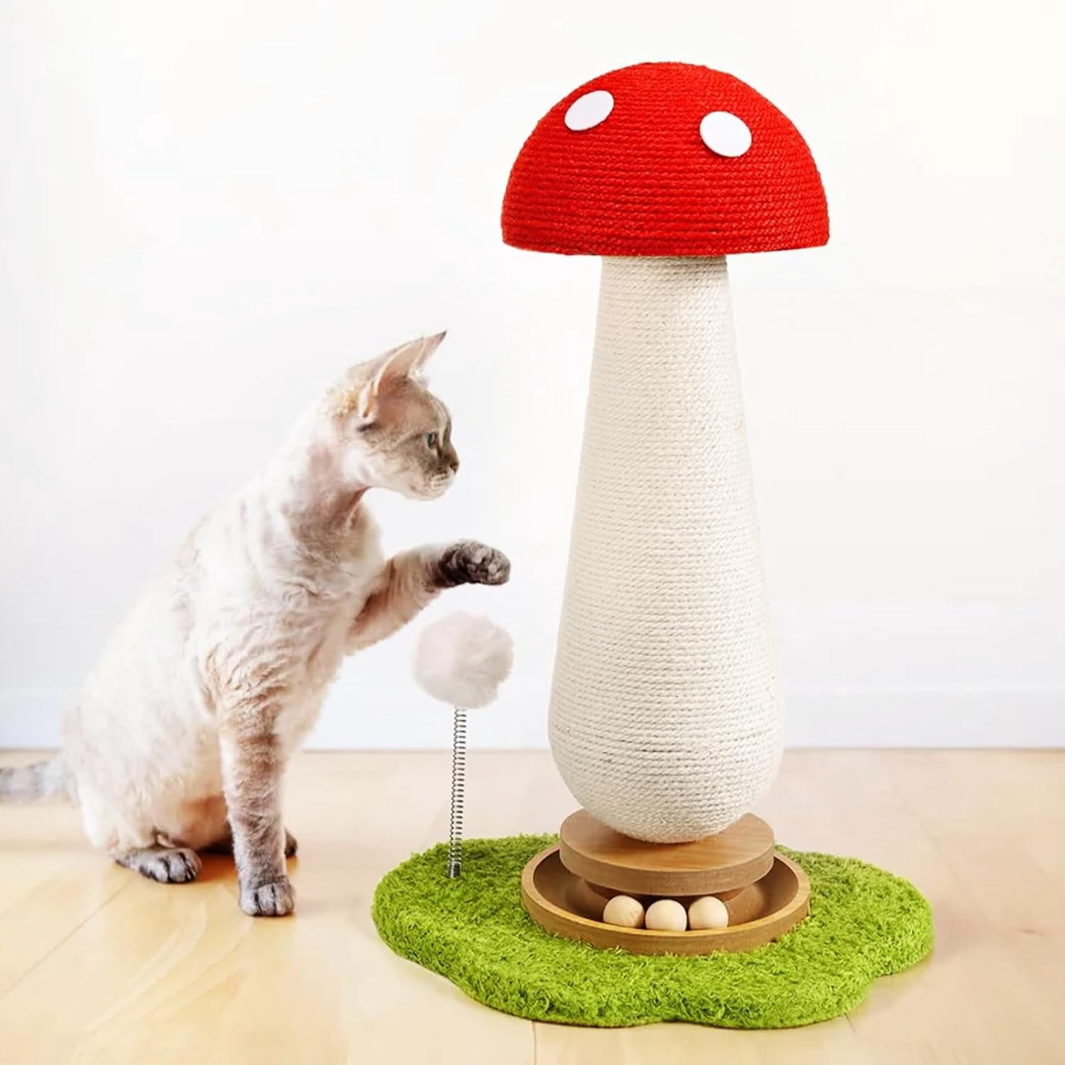 YESGIRL 20" Mushroom Cat Scratching Post with Ball Track & Spring Toys, 2-in-1 Sisal Scratcher & Play Station for Indoor Cats, Stable Base