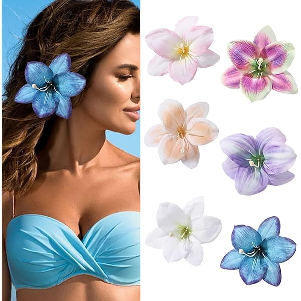 wonima11 6Pcs Hawaiian Flower Hair Clips for Women,Lily Hairpin Claw Clips for Think Thin Hair,3.5 Inch Artificial Flower Headwear for Summer Spring Vacation Beach