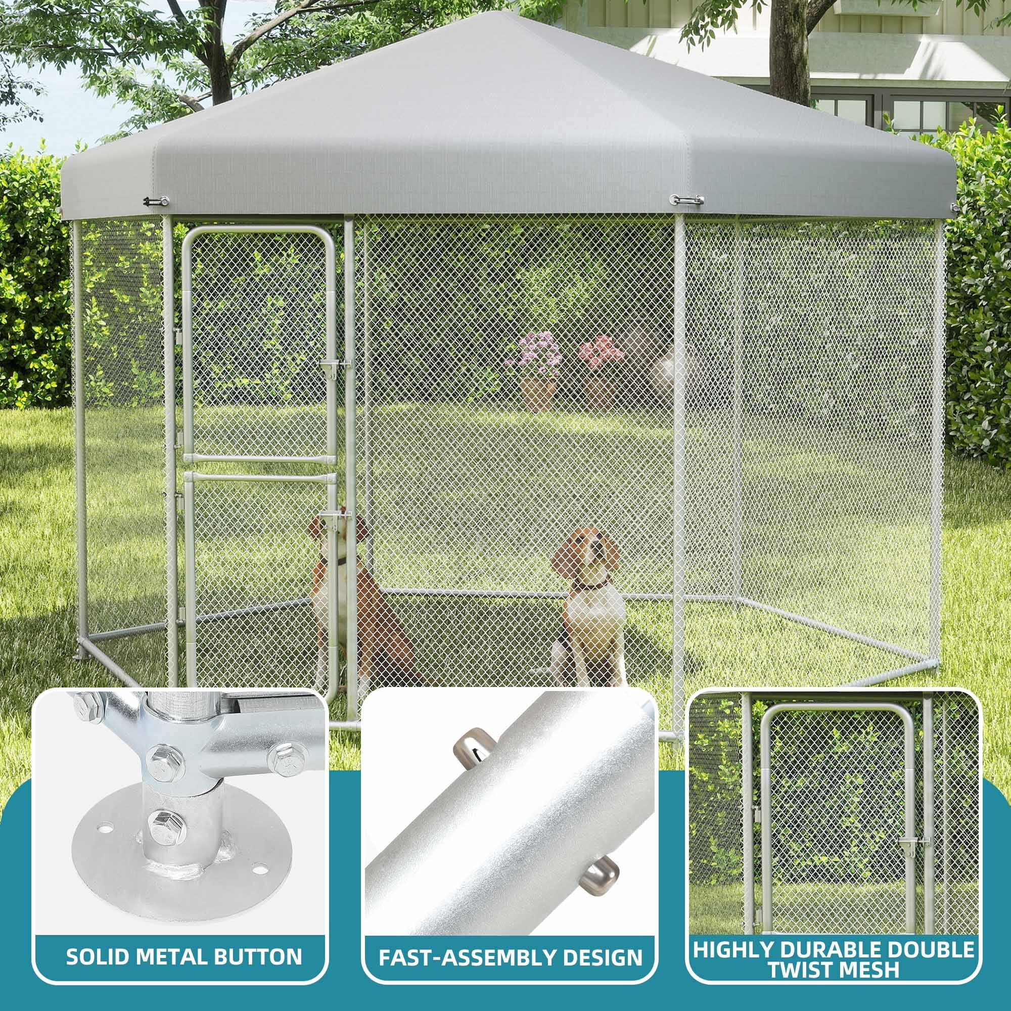 ModFusion 9.8×8.2 ft Large Outdoor Dog Kennel, Heavy Duty Galvanized Steel with Waterproof Cover, Sliver