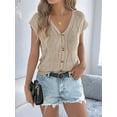 thumbnail image 3 of Women'S Short Sleeve Button Down Cardigan Sweater V Neck Cable Knit Shrug Vest Khaki L, 3 of 5