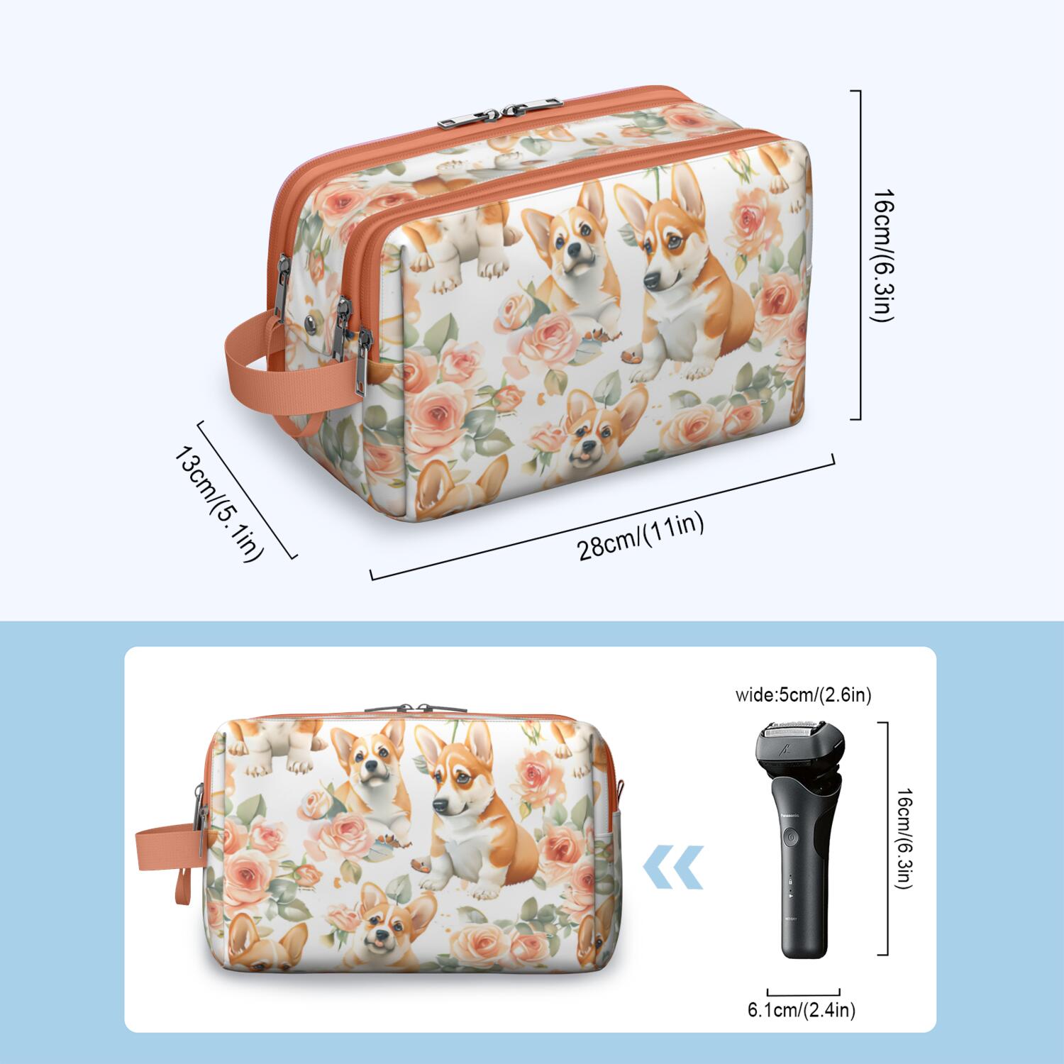 Toiletries Bag,Corgi Dog and Flower Florals Mens Womens Toiletry Bag Bathroom Bag,Waterproof Toiletry Travel Bag Dopp Kit Shaving Bag 11x6.3x5.1 Inch